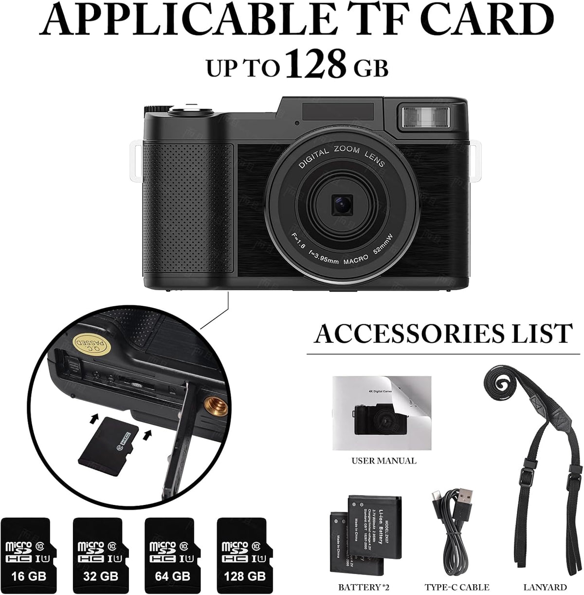 48MP 4K Digital Camera with 16X Digital Zoom Macro Camera, 3’’180°Flip Screen Compact Video Camera with Liftable Flash, SD Card&2 Batteries J7084