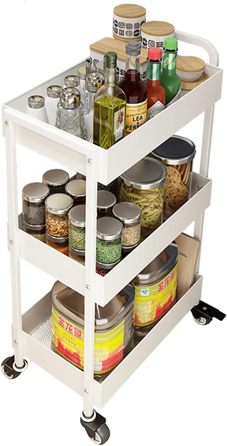 3-Tier White Metal Rolling Storage Cart with Wheels and Handle H725