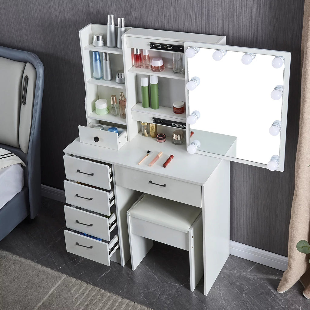 White Vanity Table with Lighted Mirror and Stool E54259
