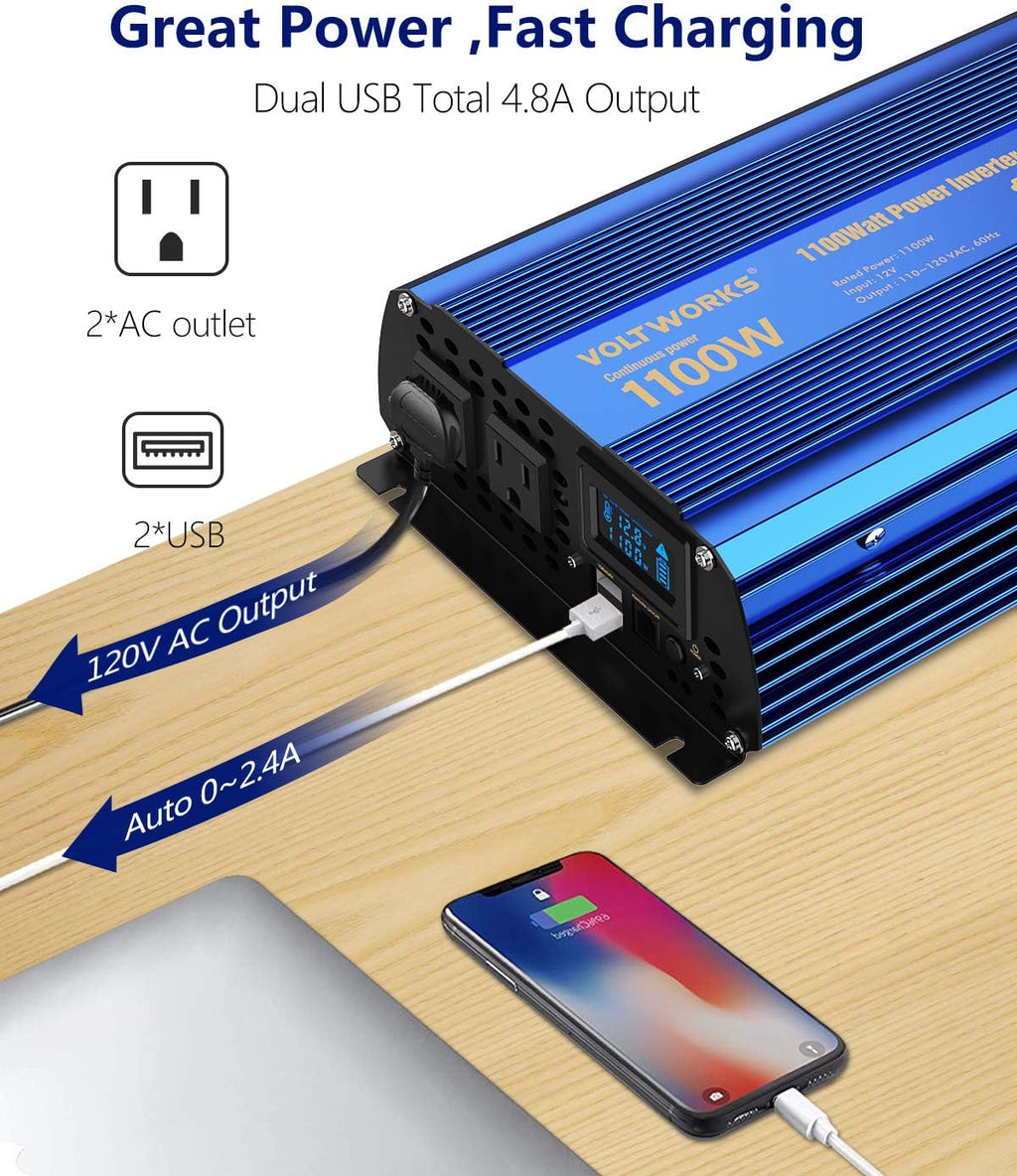 1100 watt Modified Sine Wave Power Inverter with LCD Display Remote Control 2AC Outlets Dual USB Ports Z6889