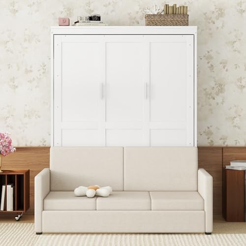 White Queen Size Wood Murphy Bed with Cushion Z75349