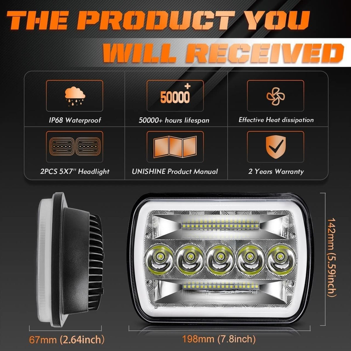 5x7 LED Headlight 87W Sealed Beam Halo Angel Eyes DRL, Pack of 2 L862407