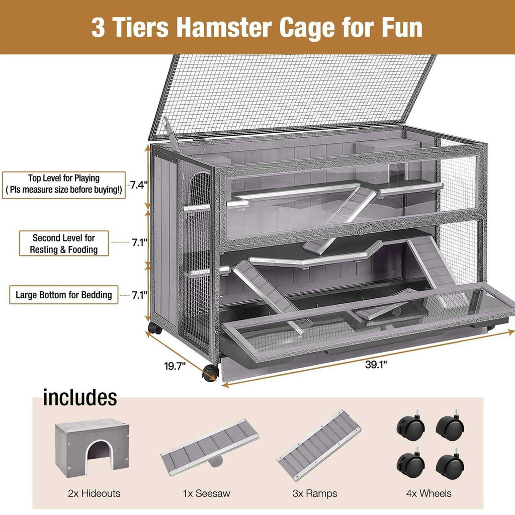 3 Levels Small Animal Cage with Chewing Toy, Food Bowl, Seesaw, Hideout and Plastic Tray U452