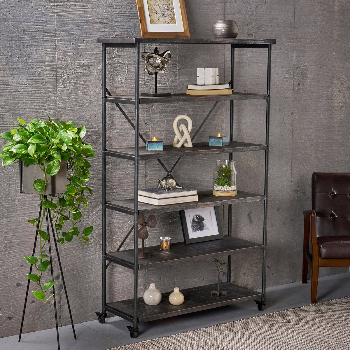 Industrial 5-Shelf Bookcase, Black Finish B7372