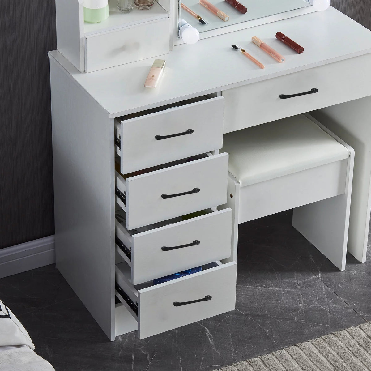 White Vanity Table with Lighted Mirror and Stool E54259