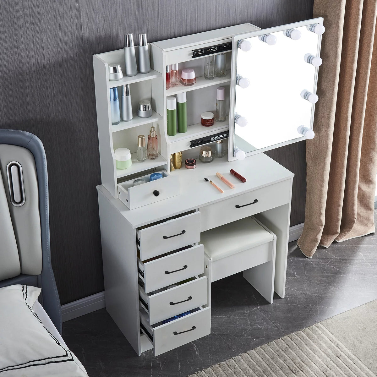 White Vanity Table with Lighted Mirror and Stool E54259
