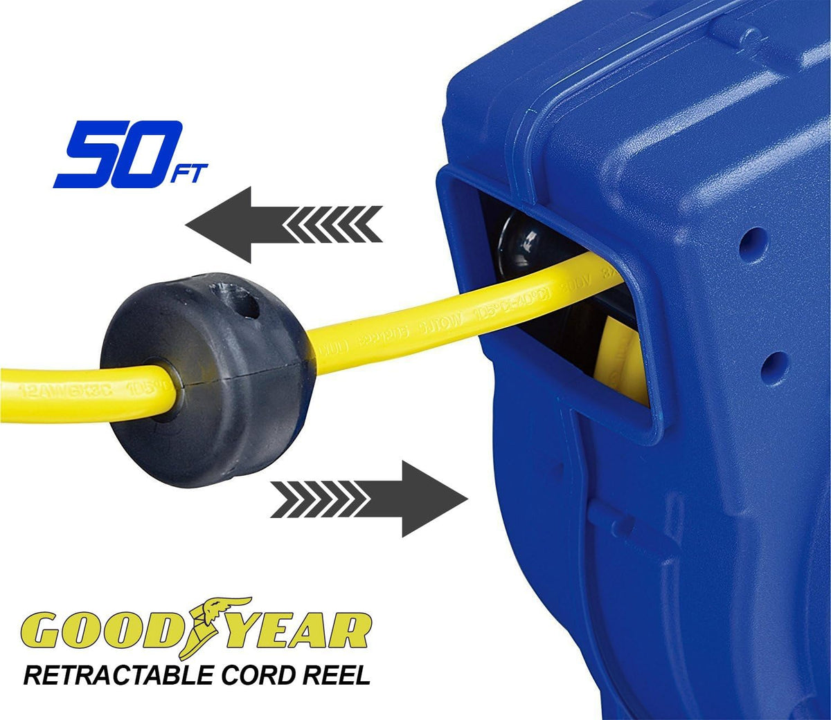 Retractable Extension Cord Reel 16AWG x 50' 3C/SJTOW LED Triple Tap Connector Power 7.5A 125VAC 938W N6589