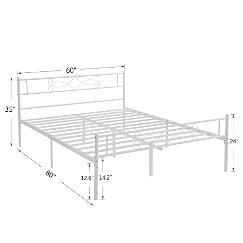 14" Full Size White Metal Platform Bed Frame with Headboard Y3159