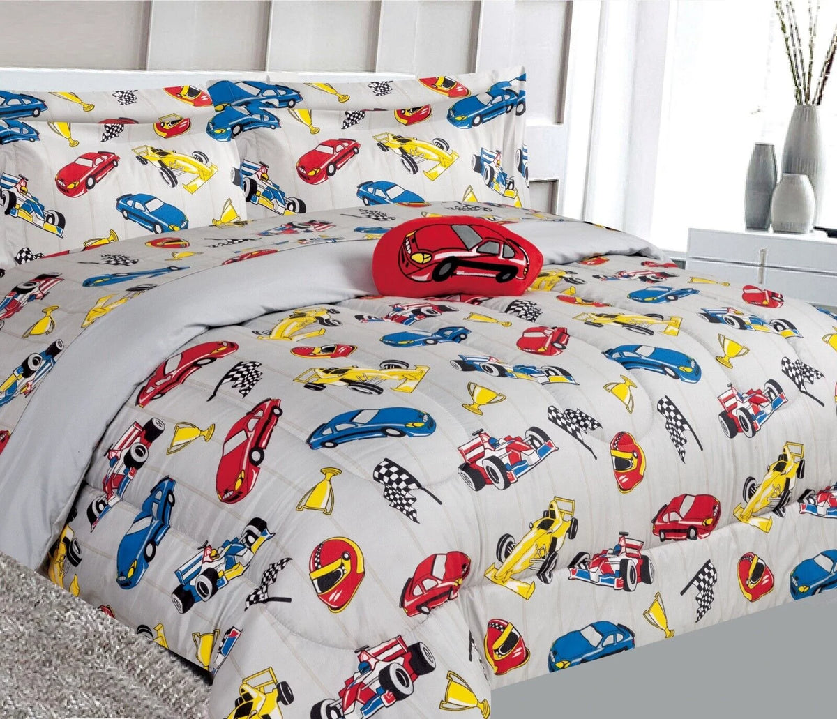 Full Size 8pc Red Race Cars Comforter and Sheet Set V24392