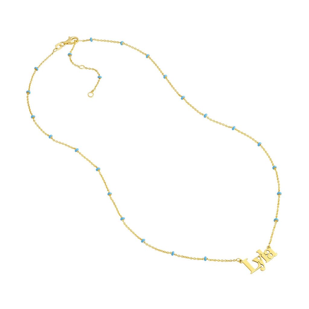 14K Yellow Gold Turquoise Station Beads Nameplate Pendant Necklace R359155