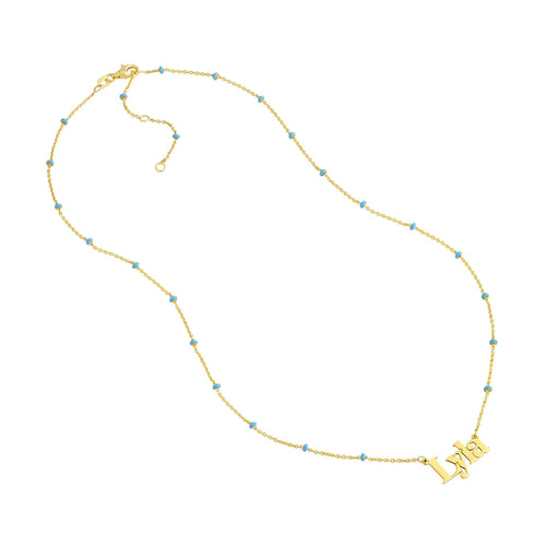 14K Yellow Gold Turquoise Station Beads Nameplate Pendant Necklace R359155