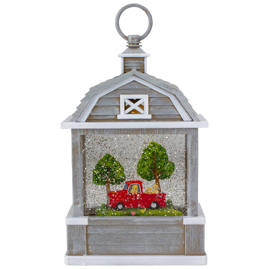 12.75x22 Lighted Gray Barn Snow Globe with Red Truck and Dogs C427565
