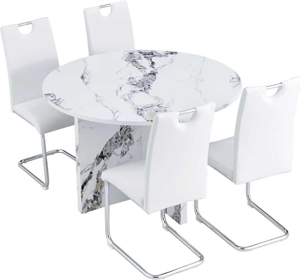 White 5 Piece Round Dining Table Set E85248