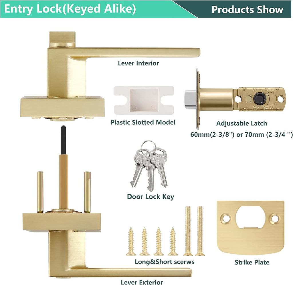 4 Pack Square Euro Style Door Leversets in Stain Brass Finish with Keys G349