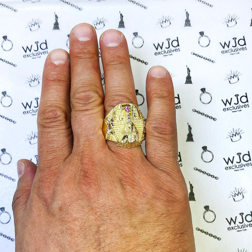 10K Solid Yellow Gold Simulated Diamond & Ruby Egyptian Pharaoh Head Mens Ring T425262
