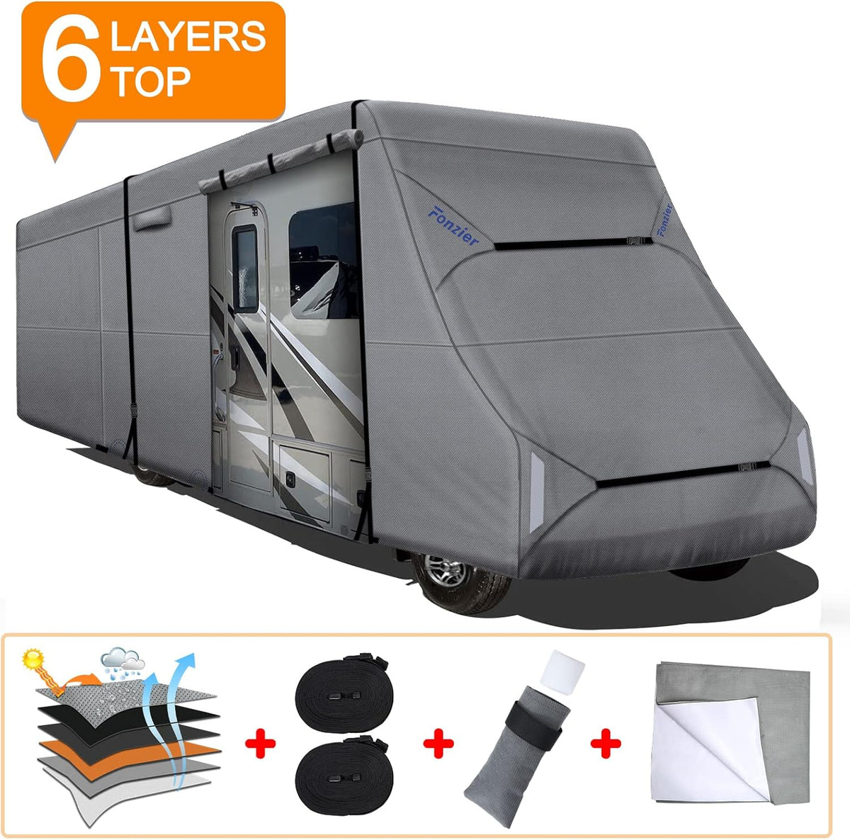 6 Layers RV Cover for 29’-32’ Motorhome with 2Pcs Extra Straps & Gutter Spout Covers D9192