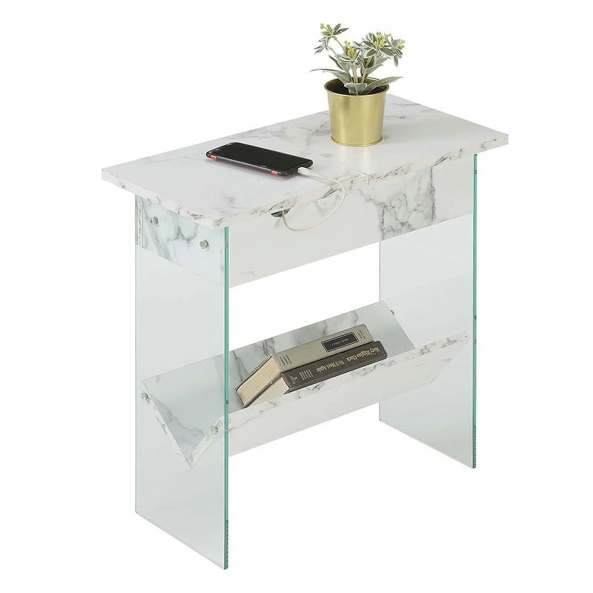 White Faux Marble Wood End Table with Clear Glass B9532