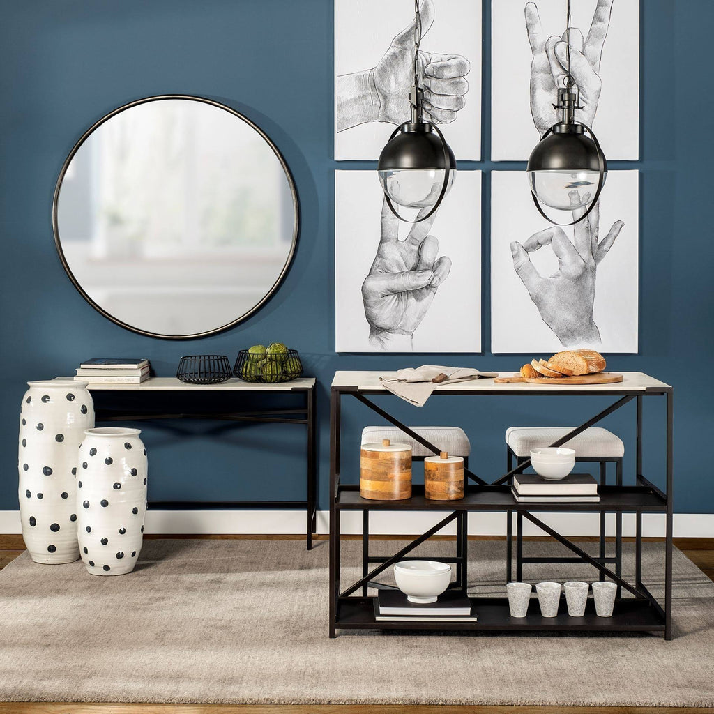 White Marble Top Black Metal Frame Console Table I145