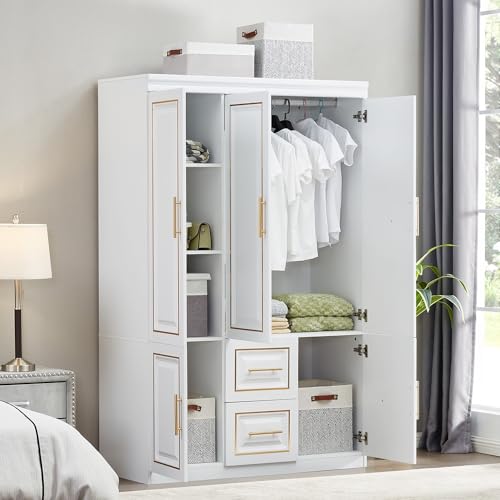 White Wood Storage Closet with Doors and Hanging Rod Y545287