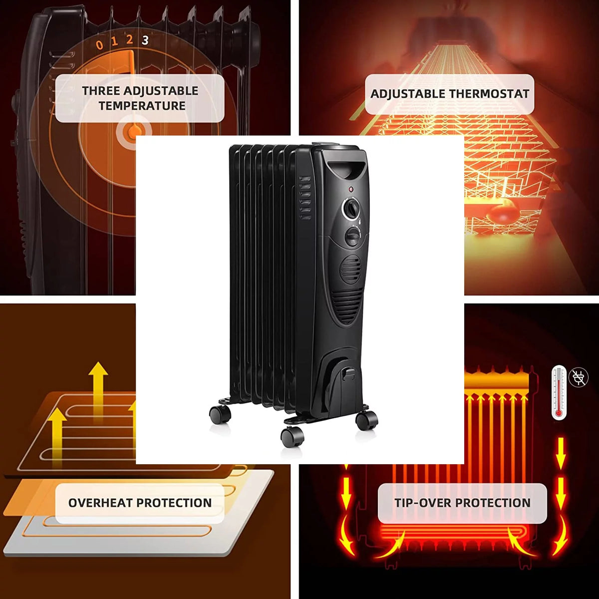 Oil Filled Radiator Heater with 3 Heat Settings, Adjustable Thermostat, Overheat & Tip-Over Protection (Black) S3655