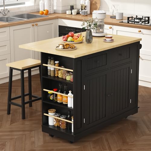 Black 48-inch Rolling Kitchen Island with Drop Leaf & Power Outlet P4596