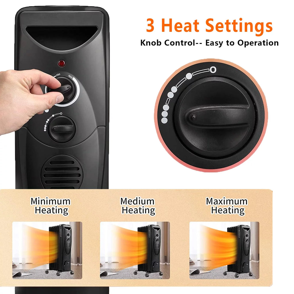 Oil Filled Radiator Heater with 3 Heat Settings, Adjustable Thermostat, Overheat & Tip-Over Protection (Black) S3655