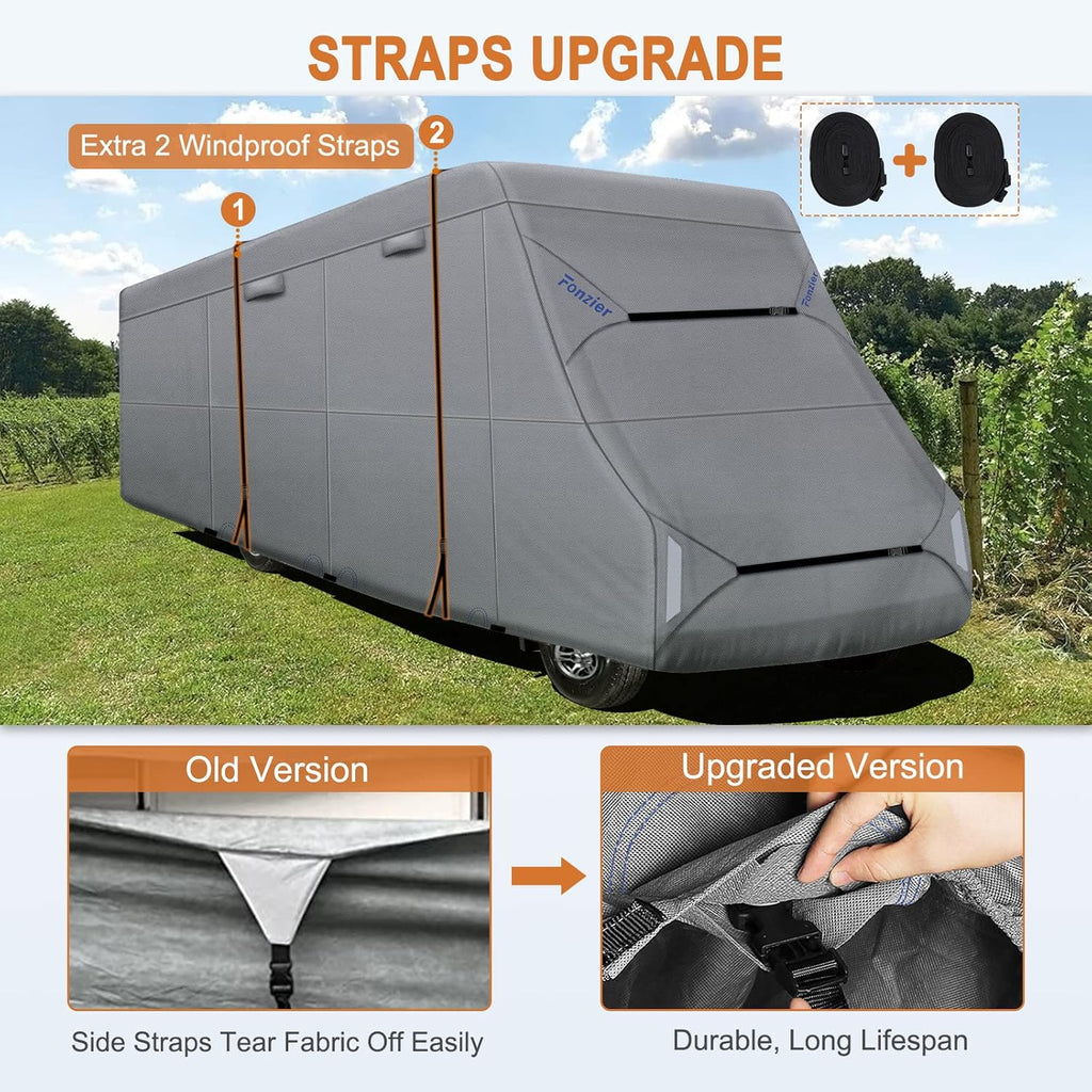 6 Layers RV Cover for 29’-32’ Motorhome with 2Pcs Extra Straps & Gutter Spout Covers D9192