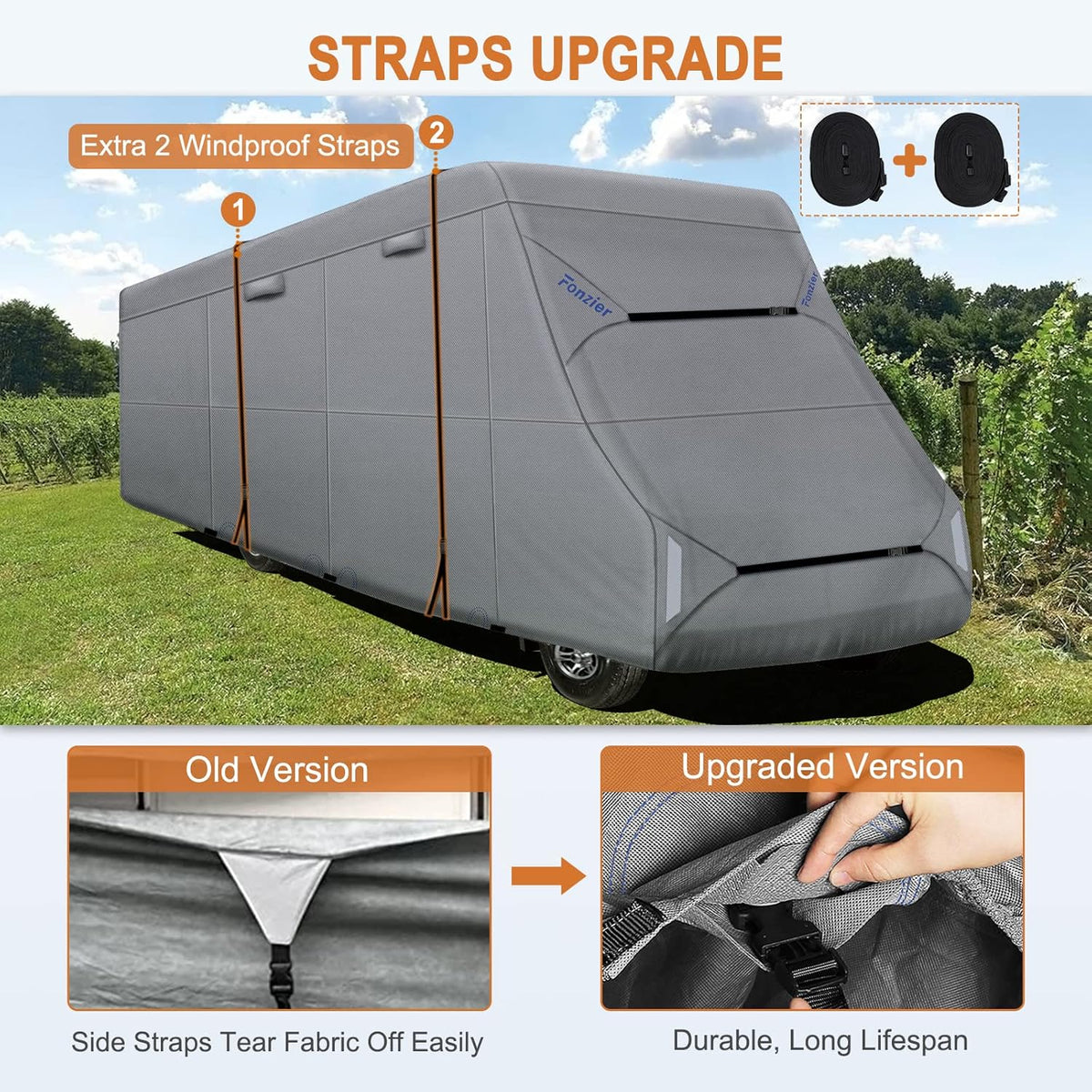 6 Layers RV Cover for 29’-32’ Motorhome with 2Pcs Extra Straps & Gutter Spout Covers D9192