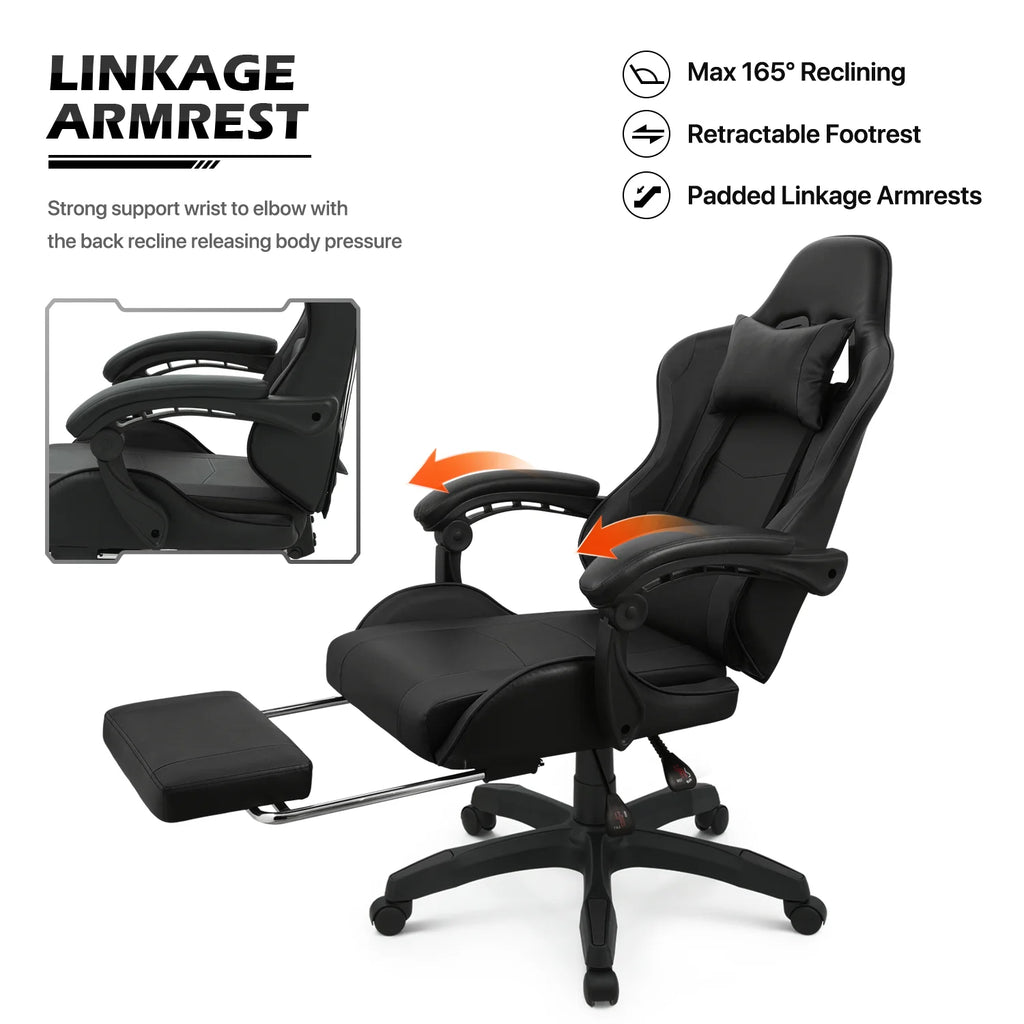 Black Swivel Gaming Chair with Footrest and Lumbar Support F347