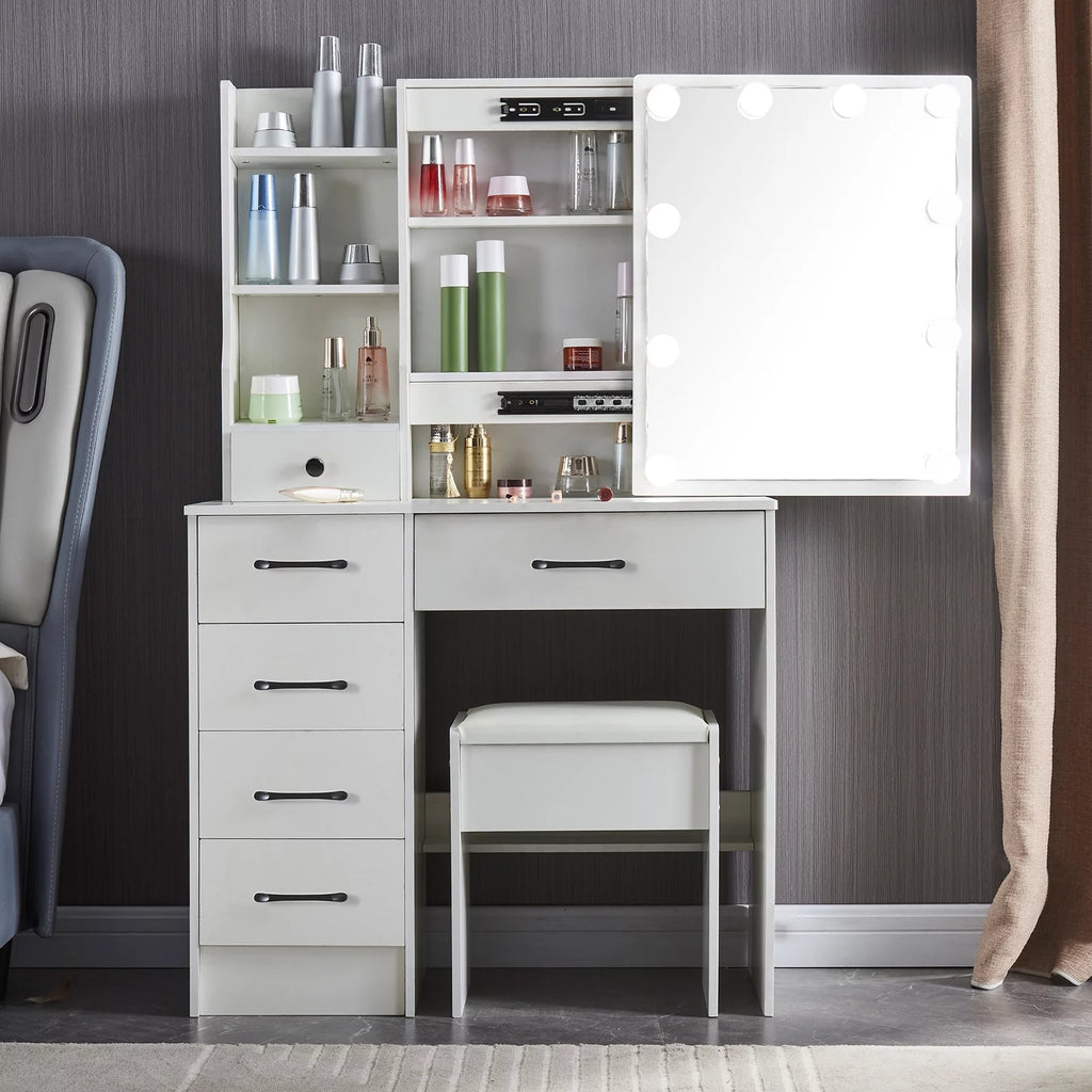White Vanity Table with Lighted Mirror and Stool E54259
