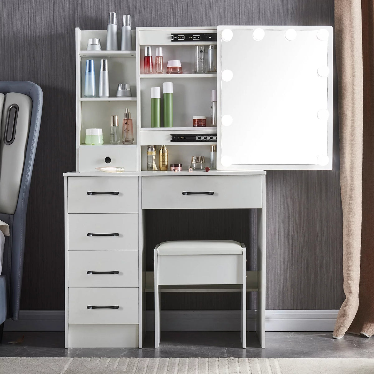 White Vanity Table with Lighted Mirror and Stool E54259