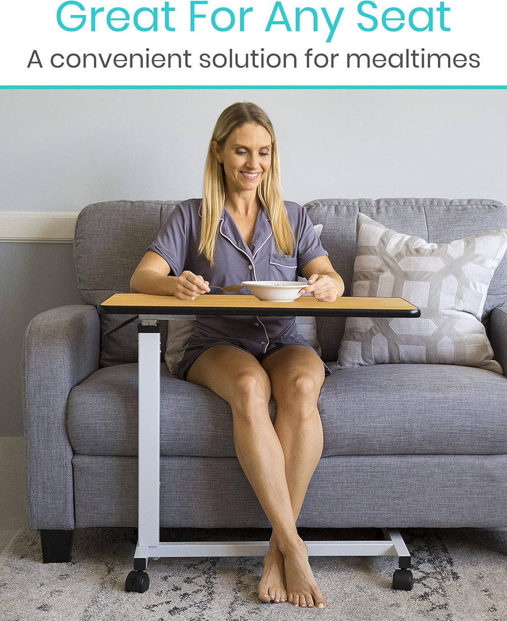 Overbed Table with Swivel Wheel Rolling Tray Adjustable Over Bedside Home Desk B195666