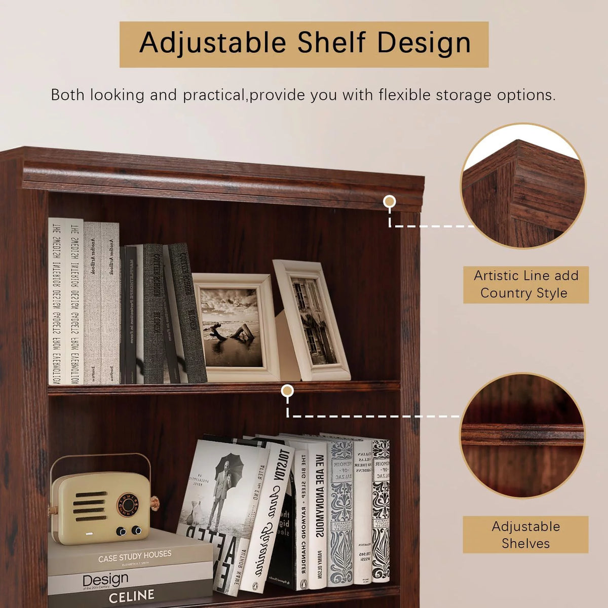Wooden 5-Shelf Bookcase with Adjustable Shelves J6716