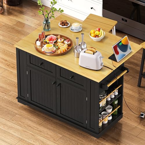 Black 48-inch Rolling Kitchen Island with Drop Leaf & Power Outlet P4596