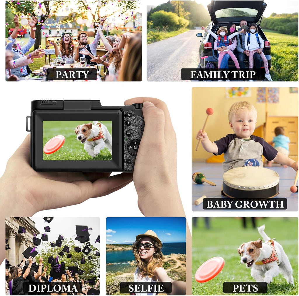 48MP 4K Digital Camera with 16X Digital Zoom Macro Camera, 3’’180°Flip Screen Compact Video Camera with Liftable Flash, SD Card&2 Batteries J7084