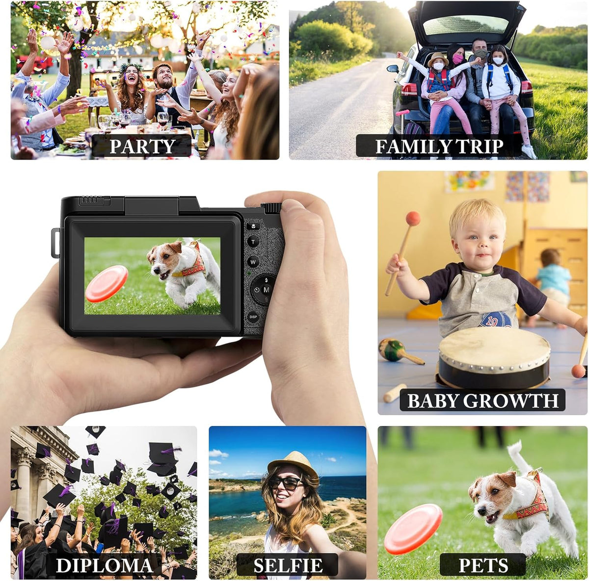 48MP 4K Digital Camera with 16X Digital Zoom Macro Camera, 3’’180°Flip Screen Compact Video Camera with Liftable Flash, SD Card&2 Batteries J7084