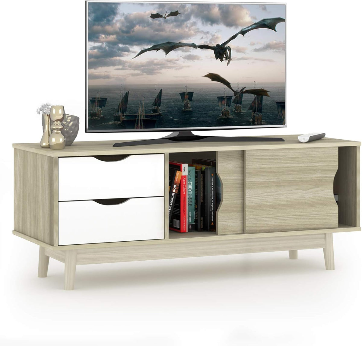 Oak Wood TV Stand with 2 Drawers and 2 Sliding Doors G13239