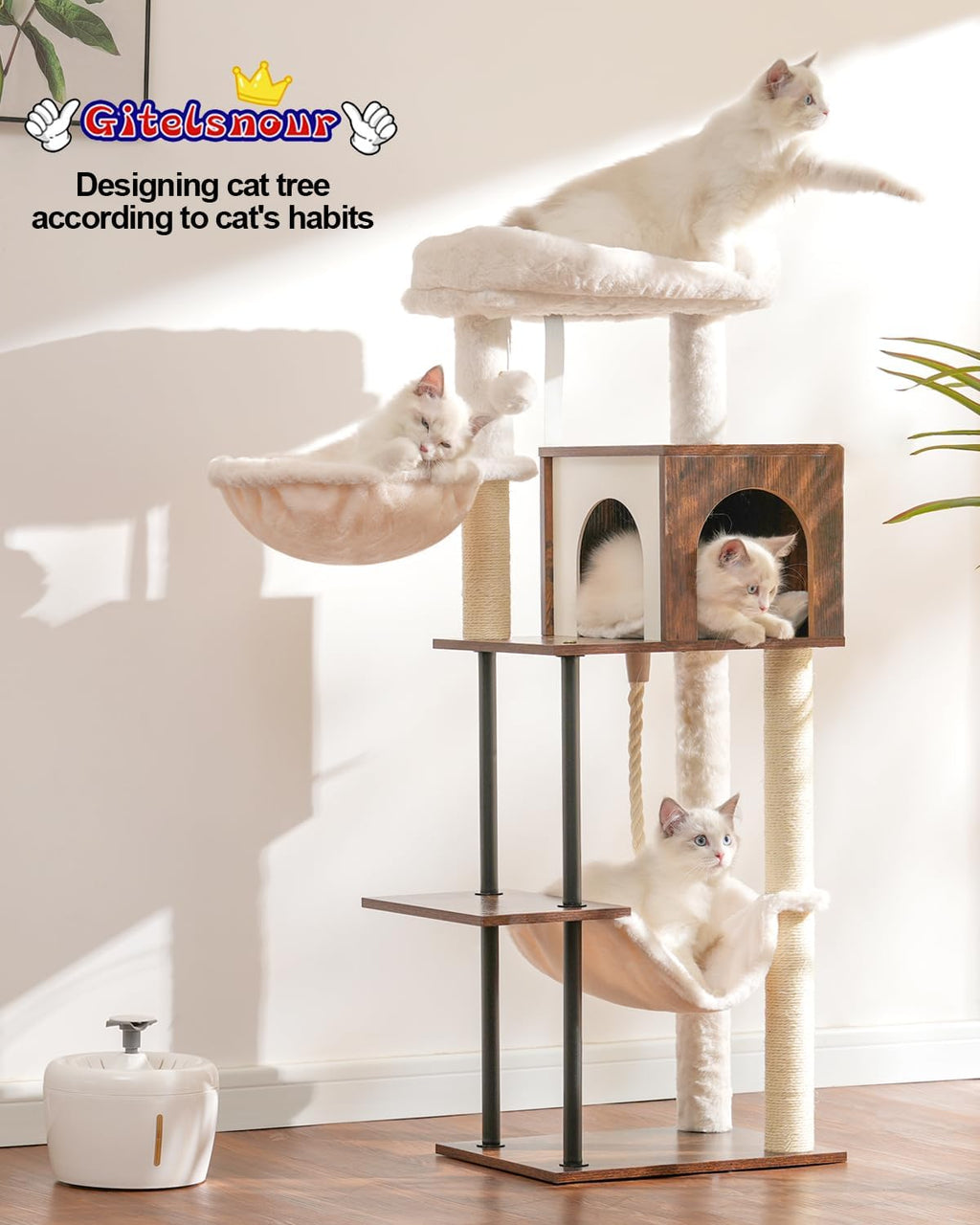 Rustic Brown 43.3in Wood Cat Tree with Sisal Rope Scratching Post C743283