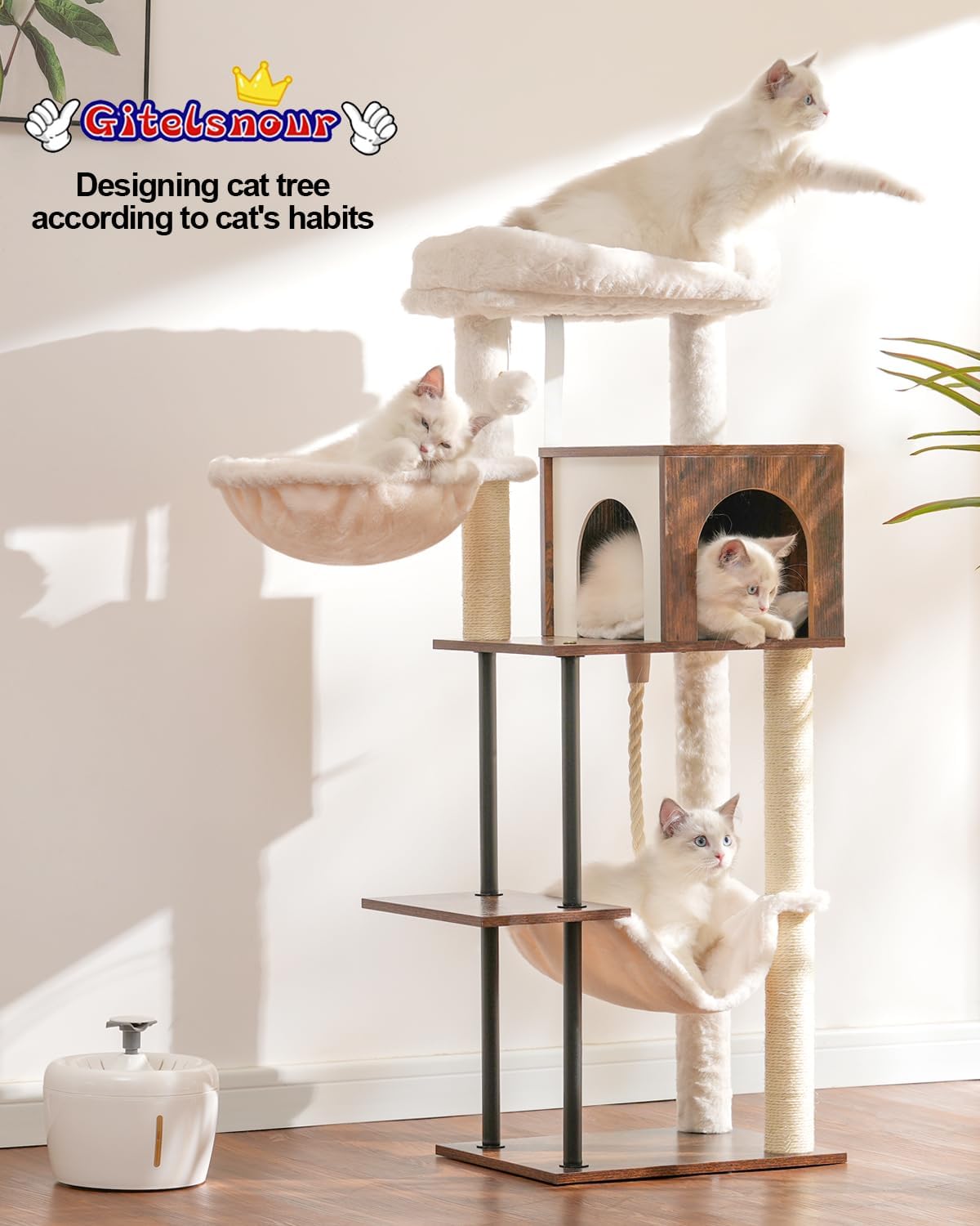 Rustic Brown 43.3in Wood Cat Tree with Sisal Rope Scratching Post C743283