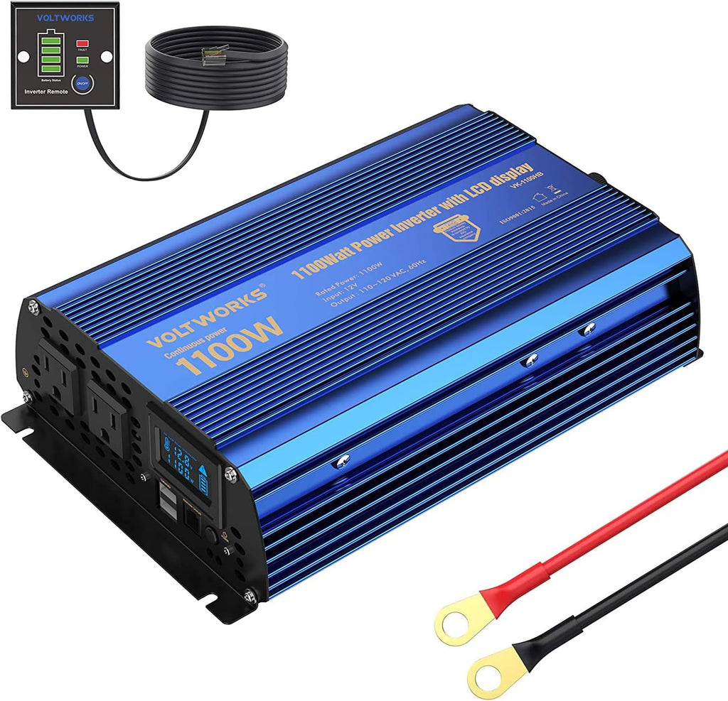 1100 watt Modified Sine Wave Power Inverter with LCD Display Remote Control 2AC Outlets Dual USB Ports Z6889