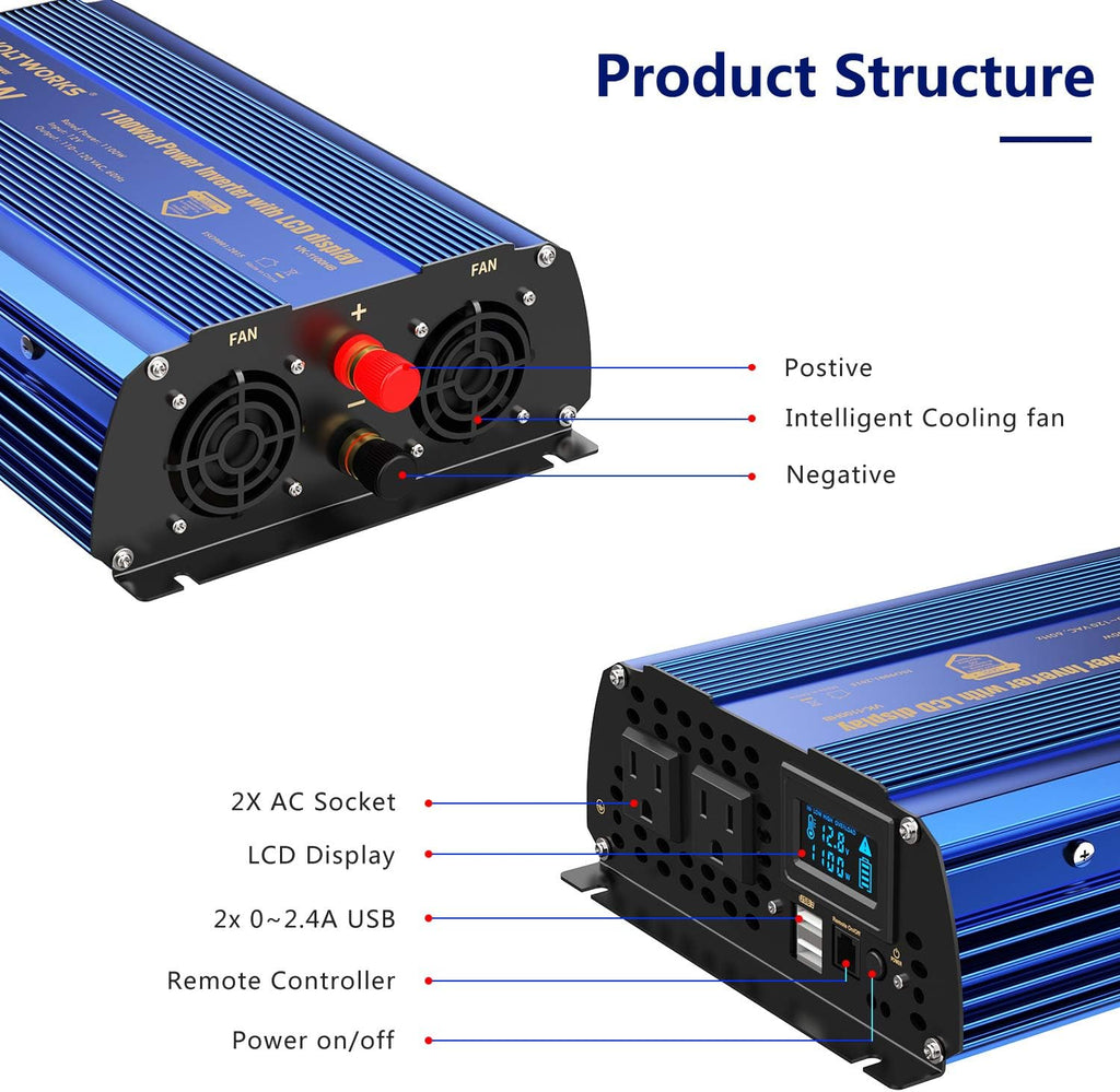 1100 watt Modified Sine Wave Power Inverter with LCD Display Remote Control 2AC Outlets Dual USB Ports Z6889