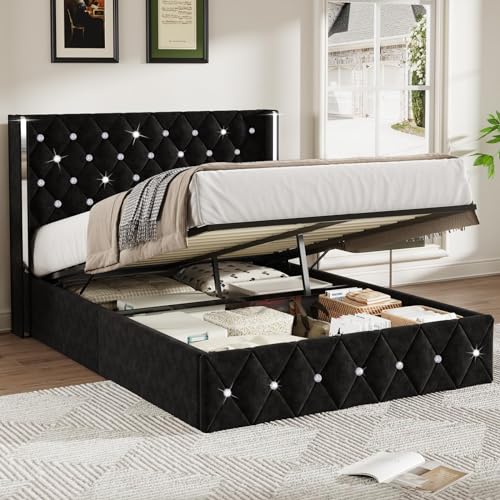 Black Velvet Full Size Lift Up Storage Bed Frame Y4338