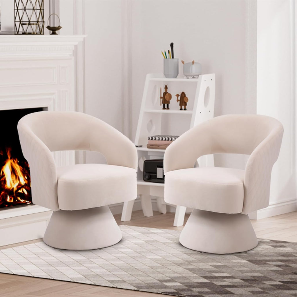 Beige Velvet Swivel Barrel Chair Set of 2 P2427