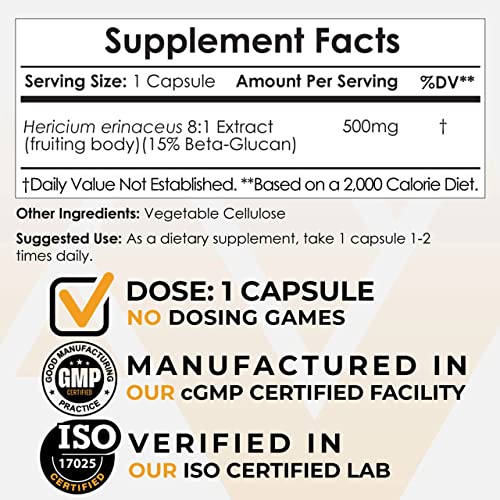 Lions Mane Mushroom Capsules 500mg 60 Count H1302