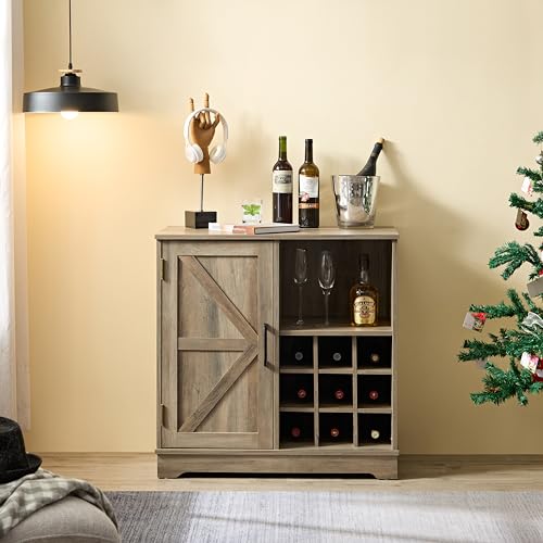 Gray Wash Farmhouse Coffee Bar Cabinet with Drawer and Sliding Barn Door M986682