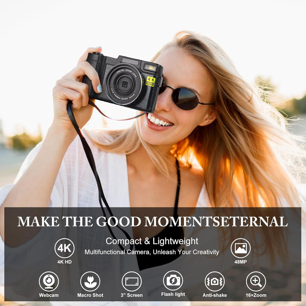 48MP 4K Digital Camera with 16X Digital Zoom Macro Camera, 3’’180°Flip Screen Compact Video Camera with Liftable Flash, SD Card&2 Batteries J7084