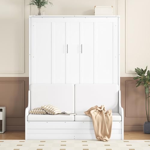 White Queen Size Wood Murphy Bed with Cushion Z75349