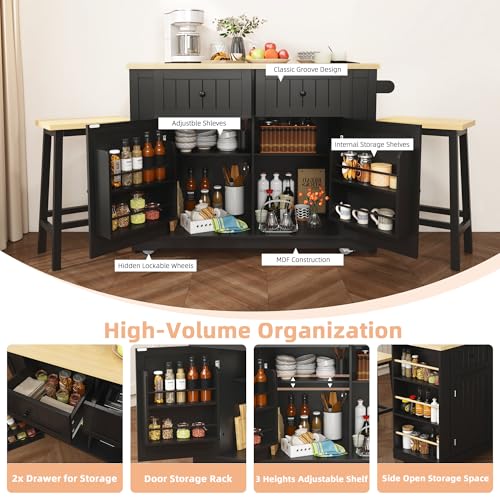 Black 48-inch Rolling Kitchen Island with Drop Leaf & Power Outlet P4596