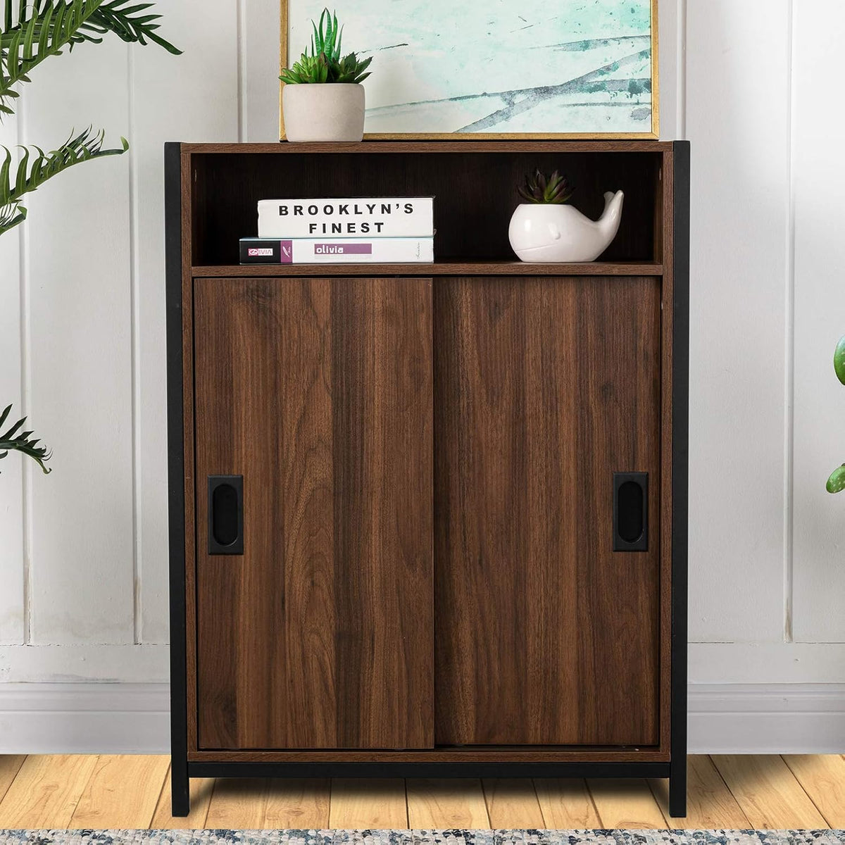 Brown 2-Door Storage Cabinet with Sliding Doors and Adjustable Shelf L480