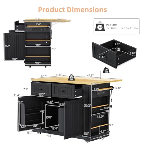 Black 48-inch Rolling Kitchen Island with Drop Leaf & Power Outlet P4596